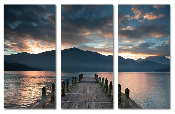 30 x 20 - Cloudy Lake Docks During Sunset Canvas Print - 3 Panel Split - Triptych Wall Art