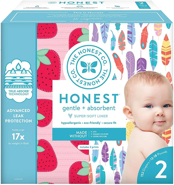 The Honest Company Super Club Box Diapers with TrueAbsorb Technology - Painted Feathers & Strawberries, Size 2, 152 Count