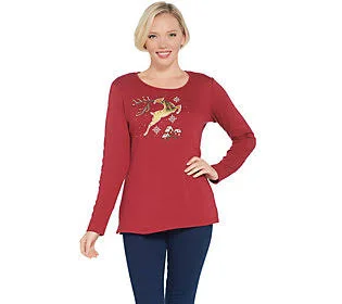Quacker Factory Jingle All The Way Long SleeveT-Shirt - Size 1X, BrckRed/Reinder