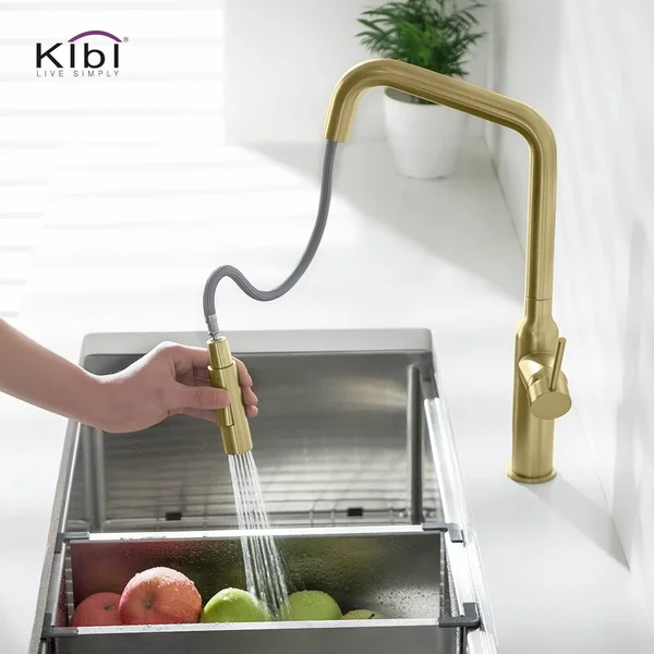 KIBI Lead Free Solid Brass High Arc Pull Out Single Level Kitchen Faucet Chrome