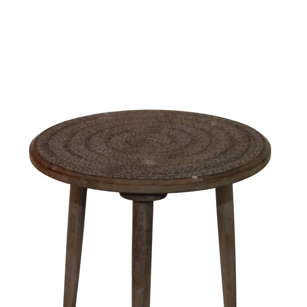Traditional Round Top Wooden Accent Table with Leaf Engraving - Brown