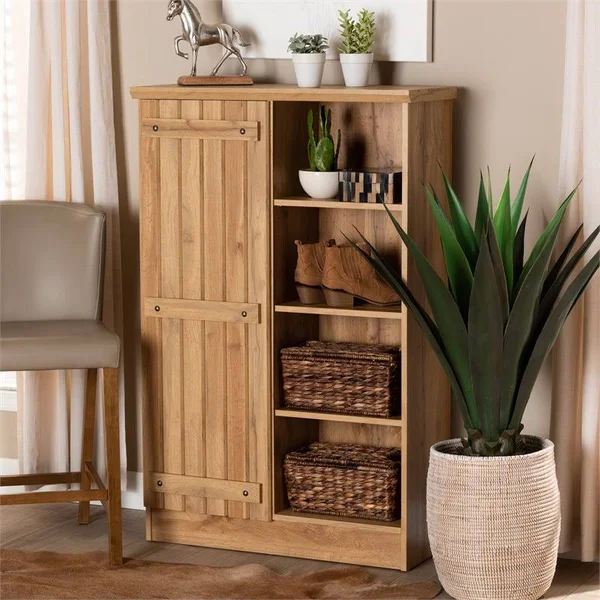 Bowery Hill Natural Oak Browned Wood 1-Door Shoe Cabinet