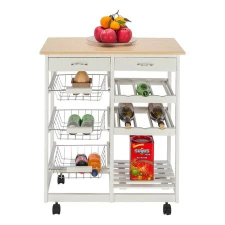 Urhomepro Kitchen Island Cart Trolley - Sturdy Microwave Oven Stand Storage Cart on Wheel with 2 Drawers, 3 Metal Baskets, 3 Shel