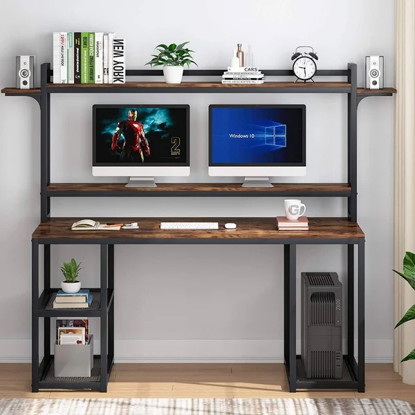 55 inch Large Writing Computer Desk with Storage - Rustic Brown