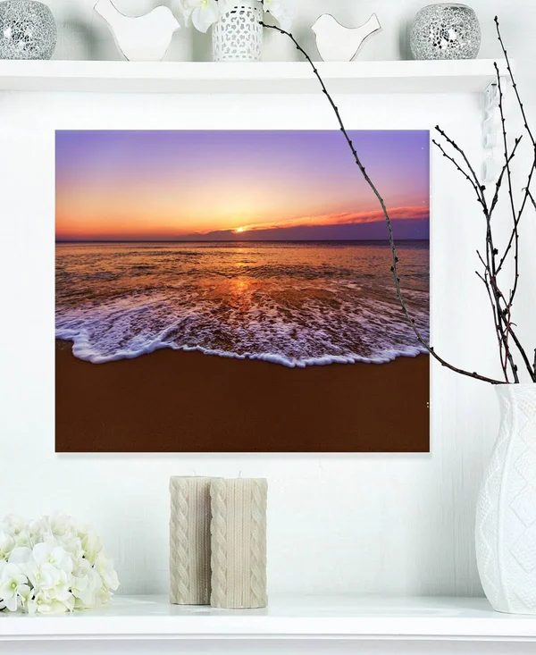 Design Art Orange Tinged Sea Waters at Sunset Photographic Print on Wrapped Canvas, Size: 12x22 H x 20x22 W x 1x22 D, Blue