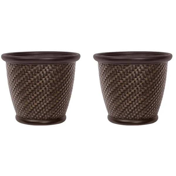 Suncast 18 x 16.5 inch Wicker Resin Dirt Pot Garden Planter, Dark Brown (2 Pack)
