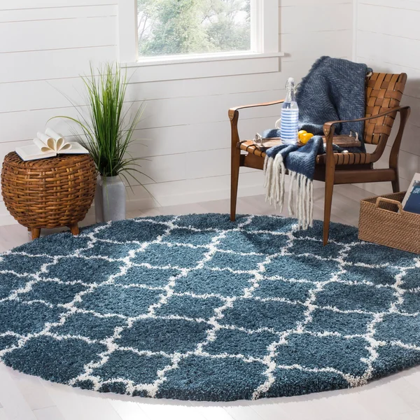 Safavieh Hudson Shag Vitchka Glam Trellis 2-Inch Thick Rug - 5& x 5& Round - Slate Blue/Ivory