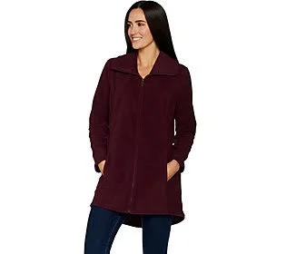 Denim & Co. Fleece Zip Front Long Sleeve Jacket with Hi-Low Hem, Size Small, Deep Burgundy