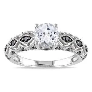 Miadora 10K White Gold Created White Sapphire and 1/4ct TDW Black Diamond Engagement Ring (Size: 8.5), Women's