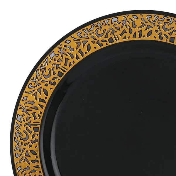 Shiny Lace Rim Disposable Plastic Plate Packs - Party Supplies (Black with Gold Rim - 120pcs - Salad Plates)