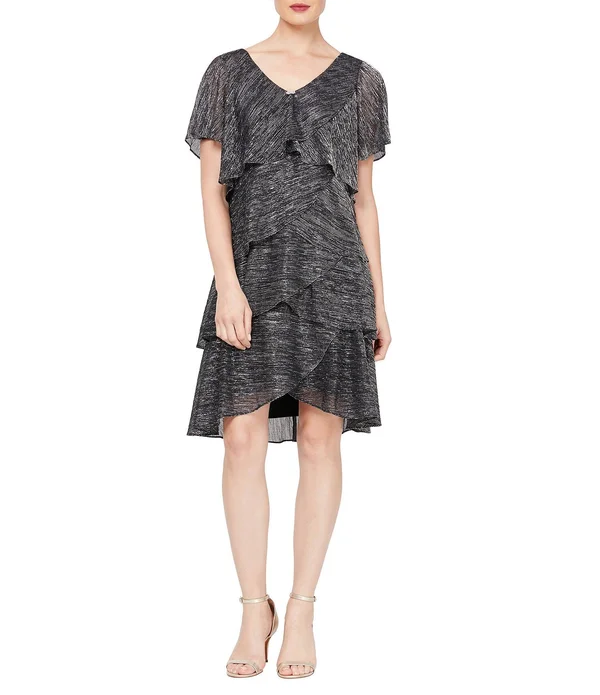 Ignite Evenings Shimmer Tiered Ruffle Scoop Neck Short Flutter Sleeve Dress - 6