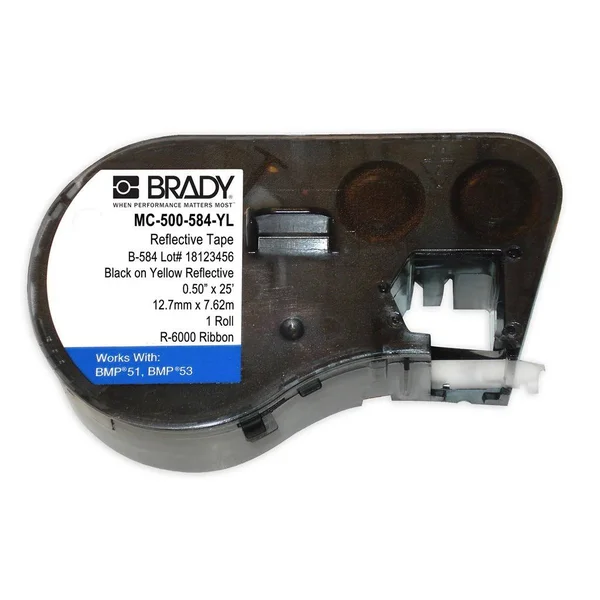 Brady MC-500-584-YL Label Tape Cartridge, Black on Yellow Reflective