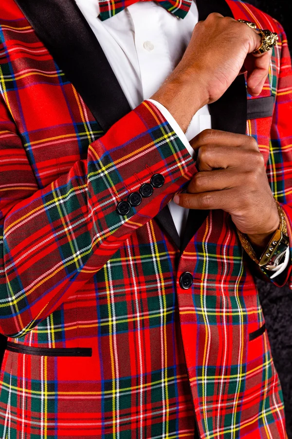 The Rockefeller - Tartan Plaid Tuxedo, Size 52, Black/Red, Shinesty