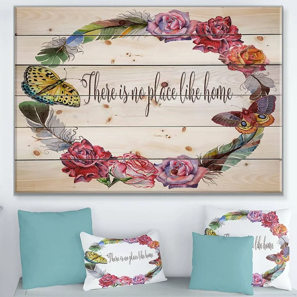 Designart 'There Is No Place Like Home. Floral' Textual Entrance Art on Wood Wall Art - Multi-Color - 40 in. Wide x 20 in. High
