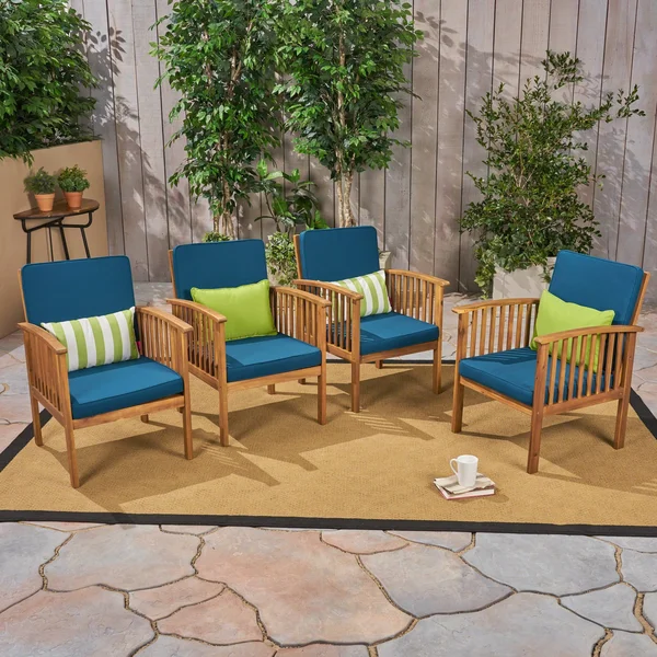Ray Acacia Outdoor Acacia Wood Club Chairs w/ Cushions - Dark Teal, Brown Patina, Set of 2