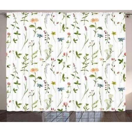 Ambesonne Floral Curtains, Spring Season Themed Watercolors Painting of Herbs Flowers Botany Garden Art, Living Room Bedroom Win
