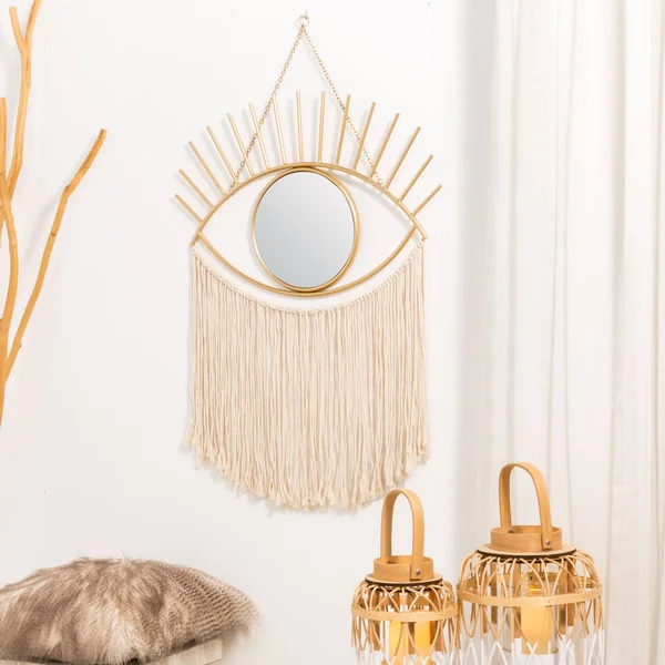Glitzhome 37.50x22H Regency Modern/Boho Metal Eye Mirror with Tassels Hanging Decor - Two Gold