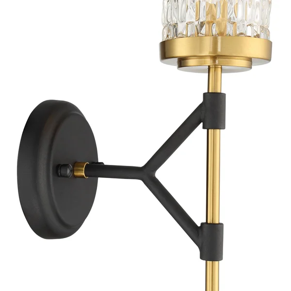 Possini Euro Design Darin Modern Wall Light Sconce Black Brass Hardwired 19x22 High Fixture Faceted Cylindrical Glass for Bedroo