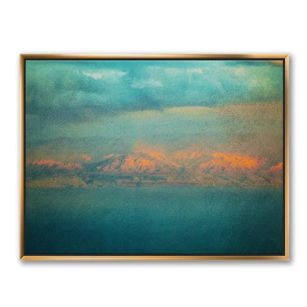 Designart &Glowing Mountains Over Sea Textured Vintage Image& Modern & Contemporary Framed Canvas Wall Art Print - 32 in. Wi