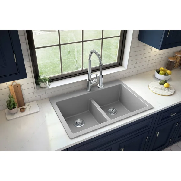 Karran Grey Quartz 33 in. 50/50 Double Bowl Composite Drop-In Kitchen Sink