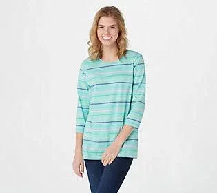 Denim & Co. Yarn Dye Striped Perfect Jersey Round Neck Top, Size Large, Light Aqua