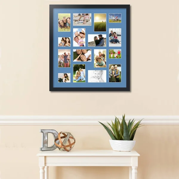 Collage Picture Frame - Satin Black Frame with 16 openings for 4x6 Photos with Liberty Blue Mat. D3926FG187, ArtToFrames