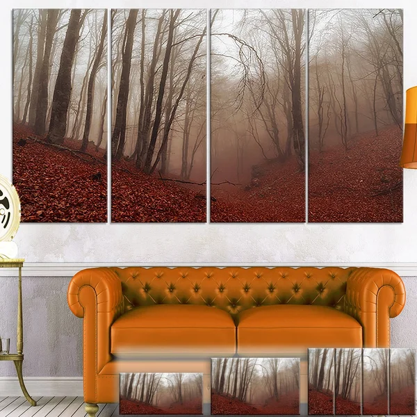 Design Art PT9809-40-30 Red Leaves in Foggy Fall Forest Landscape Photo Canvas Print - Red, 40x30x22