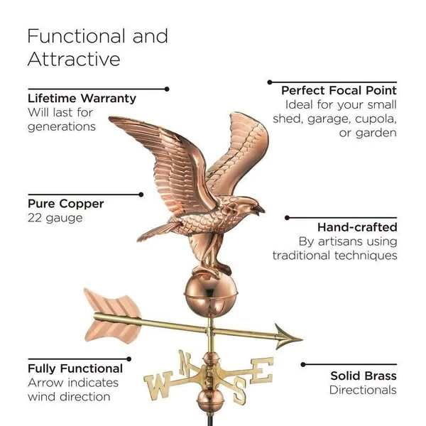 Eagle Garden Weathervane with Garden Pole - Polished Copper - Good Directions