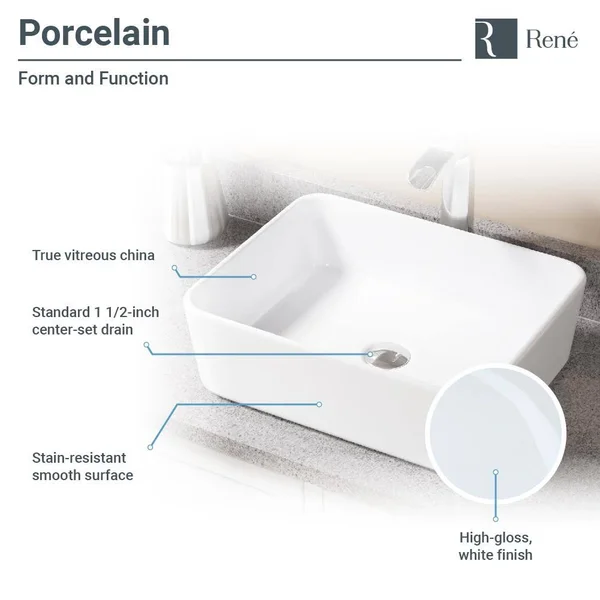Rene R2-5007-W-R9-7007 White Porcelain Vessel Sink with Vessel Faucet and Vessel Pop-Up Drain - Brushed Nickel