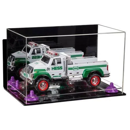 Versatile Acrylic Display Case - Medium Rectangle Box with Mirror, Wall Mount, Purple Risers and Clear Base 14 inch x 8 inch x 8