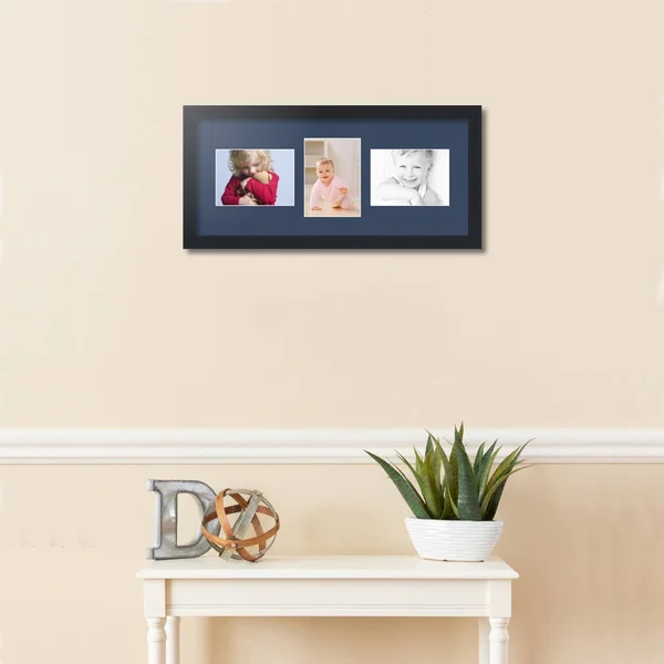Collage Picture Frame - Satin Black Frame with 3 openings for 5x7 Photos with Midnight Blue Mat. D3926FK213, ArtToFrames
