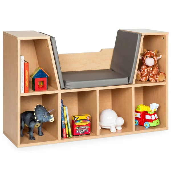 Best Choice Products 6-Cubby Kids Bedroom Storage Organizer - Multi-Purpose Bookcase w/ Cushioned Reading NOOK - Brown