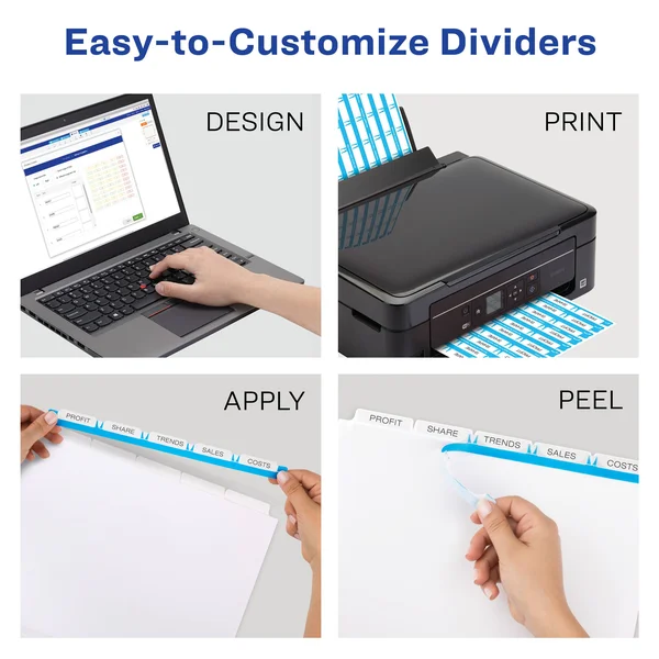 Avery Print & Apply Clear Label Dividers, Index Maker Easy Apply Printable Label Strip, 5 Multicolor Tabs, 25 Sets (11423)