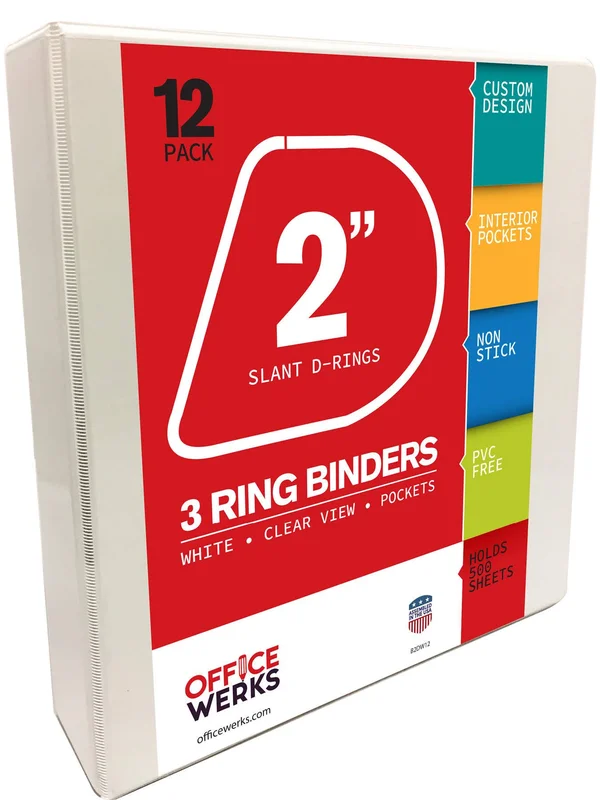Officewerks 3 Ring Binders, 2 inch Slant-D Rings, White, Clear VIEW, Pockets - 12 Pack