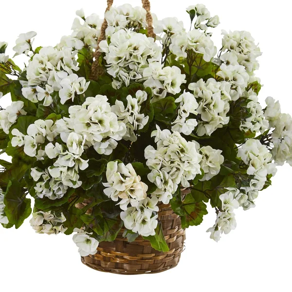 Nearly Natural Geranium Hanging Basket Artificial Plant UV Resistant (Indoor/Outdoor) White
