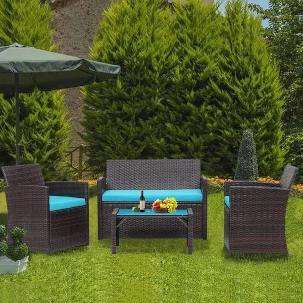 Zenova Outdoor Furniture Set 4 Pieces Wicker Rattan Sofa Waterproof - Beige