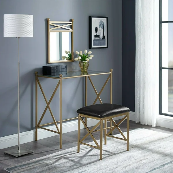 Mainstays Gold Metal Vanity with Wall Mirror and Upholstered Stool