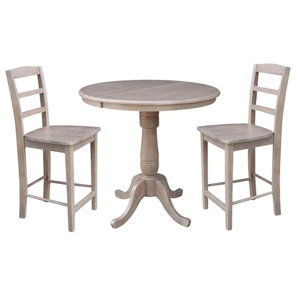 International Concepts 36x22 Round Extension Dining Table 34.9x22H with 2 Madrid Counter Height Stools - Washed Gray Taupe