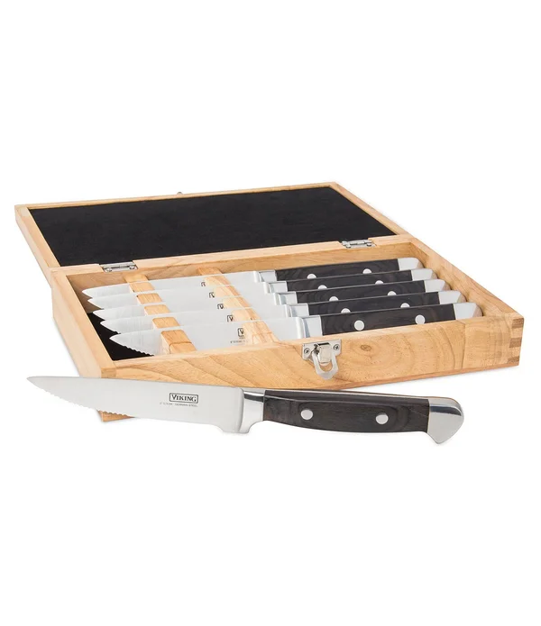 Viking Pakka Wood Steak Knife Set with Rubberwood Box, 6 Piece, Black