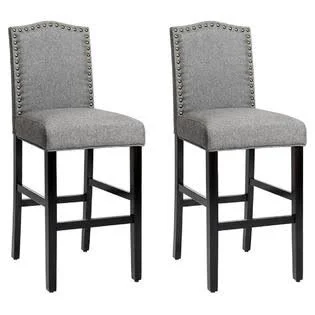Costway Set of 2 Bar Stools 30'' Upholstered Kitchen Breakfast Nailhead Bar Chairs Gray