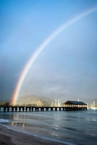 Framed Canvas Art - Rainbows at Hanalei II by Daniel Burt ( scenic & landscapes > Sky > Weather > Rainbows art)