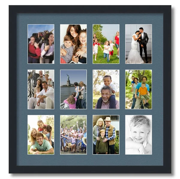Collage Picture Frame - Satin Black Frame with 12 openings for 4x6 Photos with Dutch Blue Mat. D3926FE228, ArtToFrames