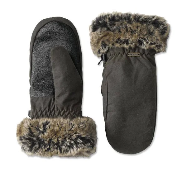 Barbour Waxed Mittens with Fur Trim for Women - Olive, Size Medium