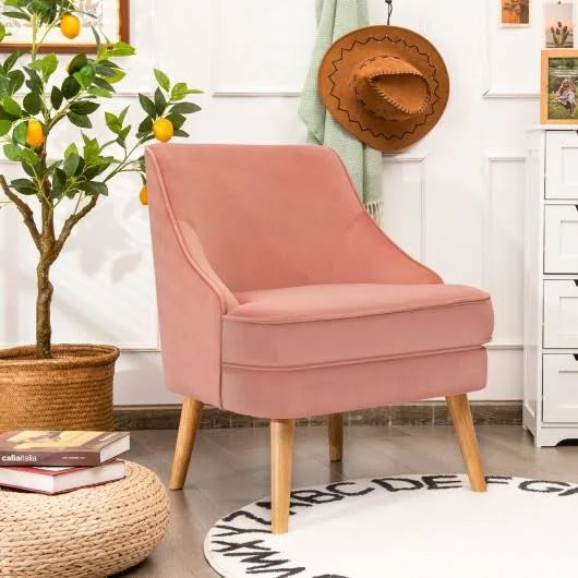 Velvet Upholstered Accent Chair with Rubber Wood Legs-Pink, Costway