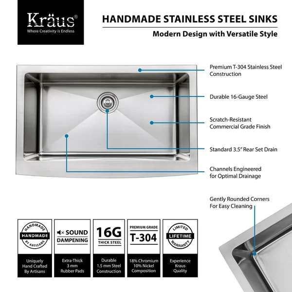 Kraus Khf200-33-kpf1602-ksd30ch Farmhouse Single Bowl Stainless Steel Sink with Kitchen Faucet and Soap Dispenser - 33x22
