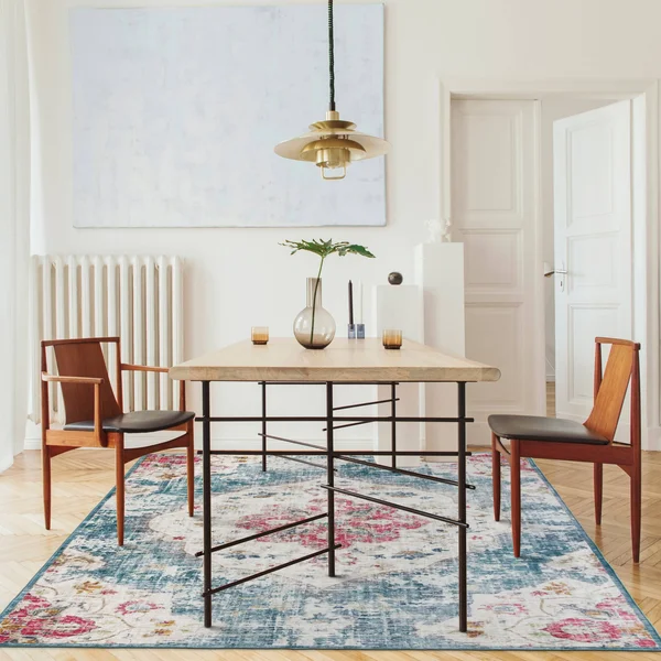 Machine Washable - Vintage Distressed Bohemian - Light Blue - 4& x 6& - 4& x 6& (Blue - Pink, Ivory)