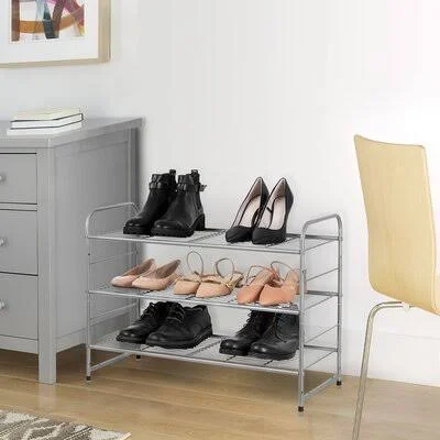 3-Tier Shoes Storage Organizer Rack Hold 12 Pairs Stackable Adjustable and Space Saving for Boots High Heels Slippers and More, B
