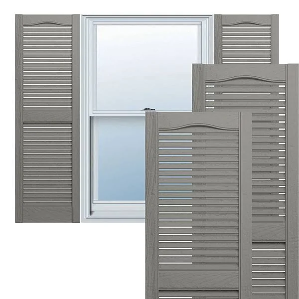 18 inchw x 68 inchh Lifetime Vinyl, Custom Straight Top Center Mullion, Open Louver Shutters, Clay