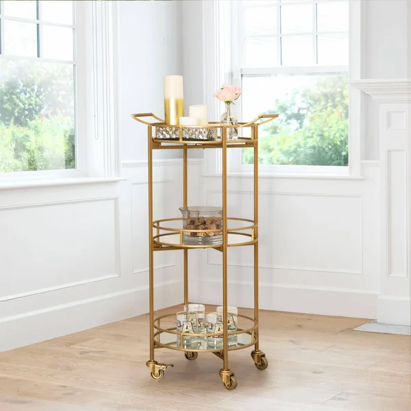 Abbyson Prantley 3 Tier Cylinder Bar Cart Gold