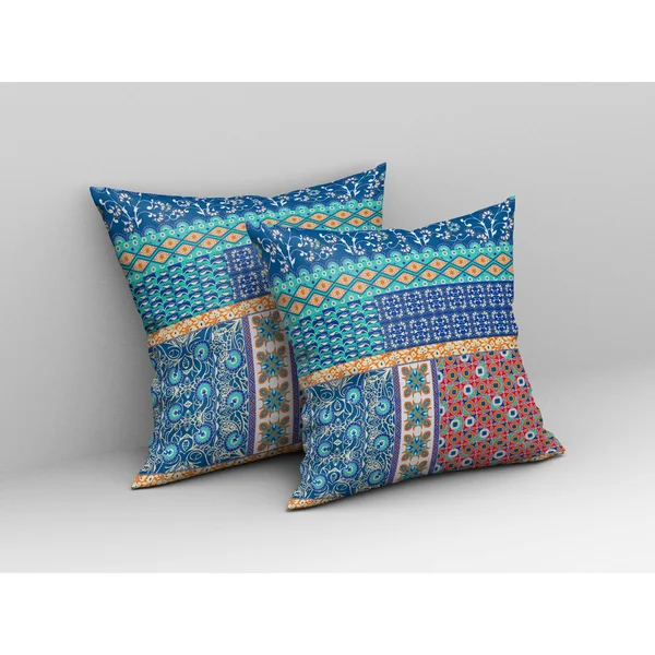 Amrita Sen Flower Castle Patchwork Broadcloth Indoor Outdoor Pillow - Zippered, Blueorange